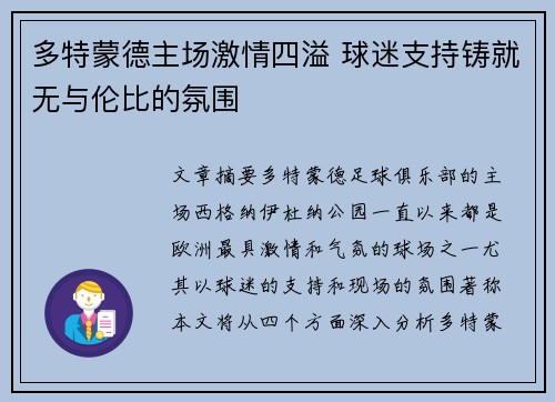 多特蒙德主场激情四溢 球迷支持铸就无与伦比的氛围