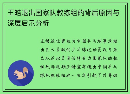 王皓退出国家队教练组的背后原因与深层启示分析